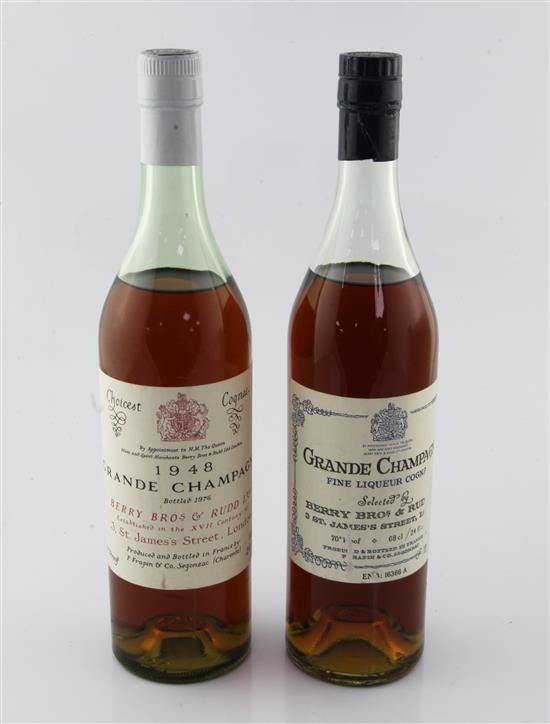 One bottle of Berry Bros. & Rudd 1948 Grande Champagne Choicest Cognac, bottled 1976 & one other cognac.